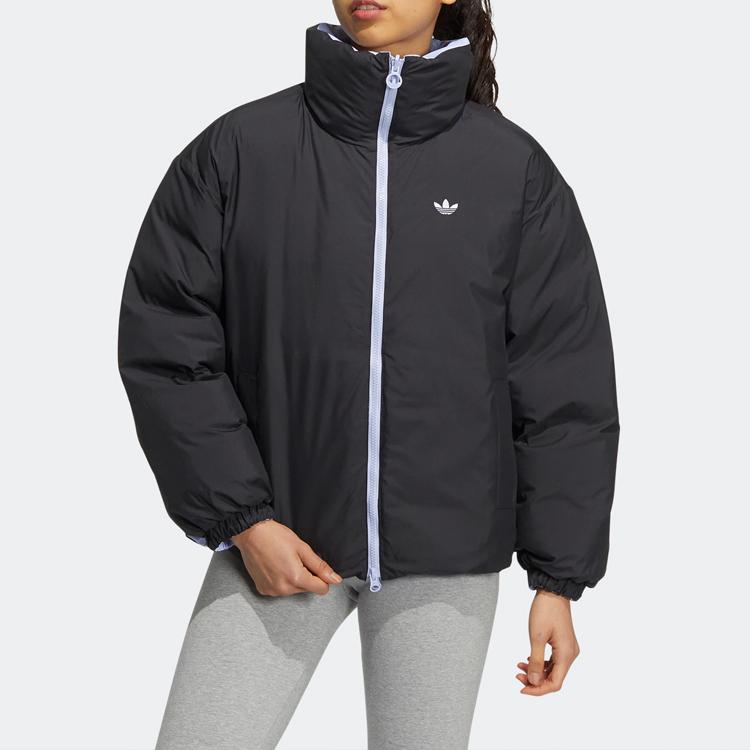 adidas Оригиналы FW22, однотонная двусторонняя спортивная теплая нейлоновая винтажная куртка на утином пуху, женская верхняя одежда, синий, черный, HS9499