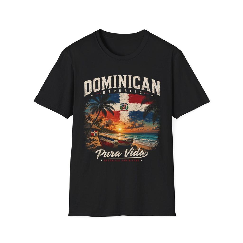 Dominican Vintage Sunset T-Shirt | Palm Trees, Flag, Pura Vida