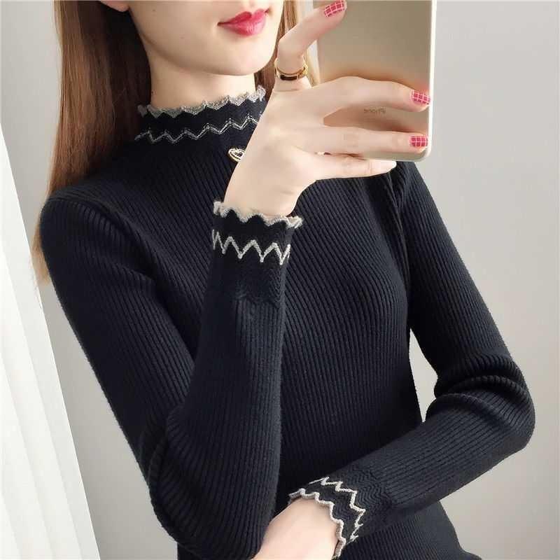 Half High Neck Knitted Sweater with Base Women's Autumn and Winter Long Sleeved Top Lace Lace White Sweater