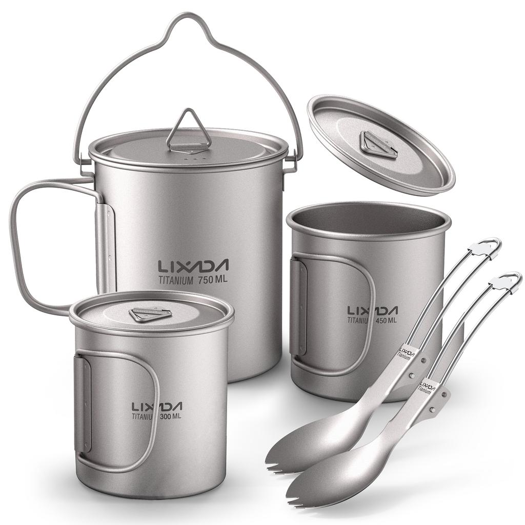 Lightweight Ti 5 Pieces Set Ti 750ml Pot 450ml and 350ml Water Cup with Lid Collapsible Handle