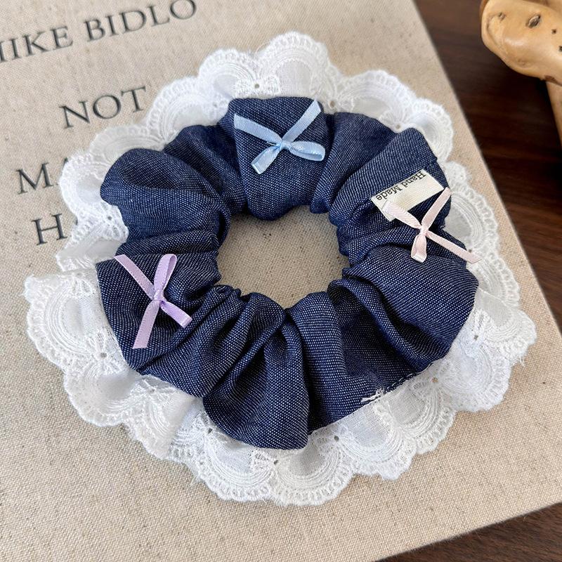 Fashion Colorful Bow Denim Splicing Lace Hair Scrunchies Headband Women RetroTemperament Hair Rope Girl Tie Ponytail Rubber Band