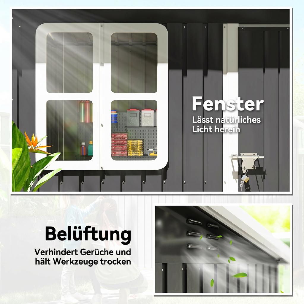 Garden Shed, Garden House with Window, Lockable Door, for Garden, Patio, Steel, 221L x 133W x 190H cm, Grey