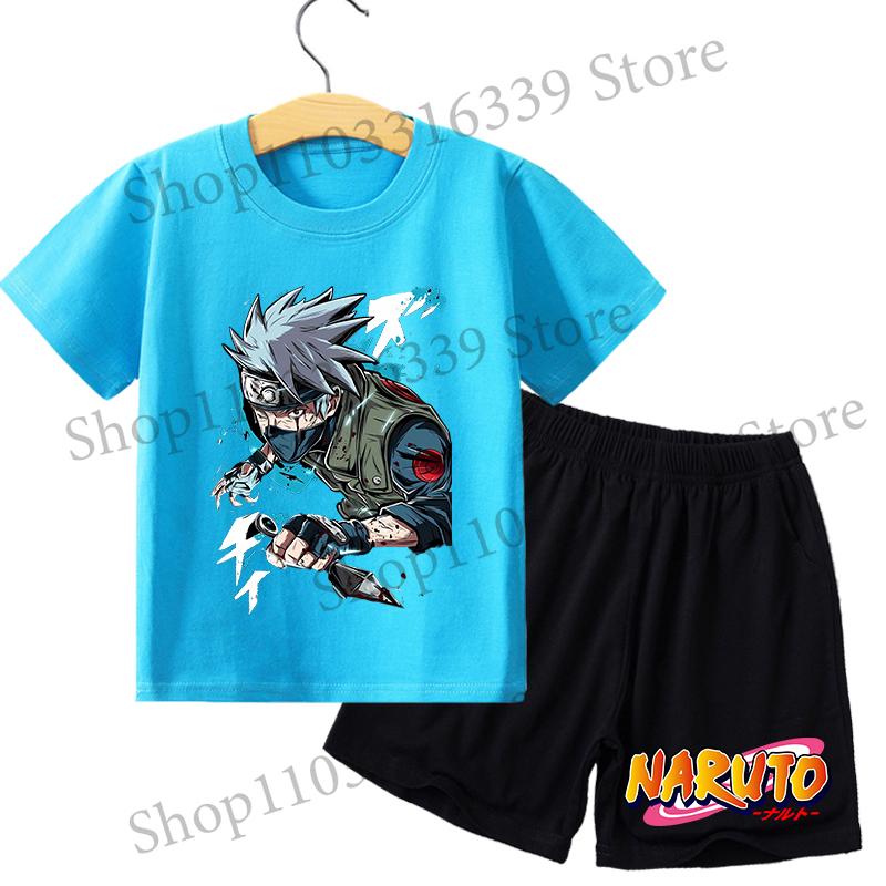 Naruto Boy Girl T-shirt Set Cartoon Tees Anime Cartoon Children Cotton Short Sleeves Shorts 2pcs Set Kids Fashion Summer Clothes