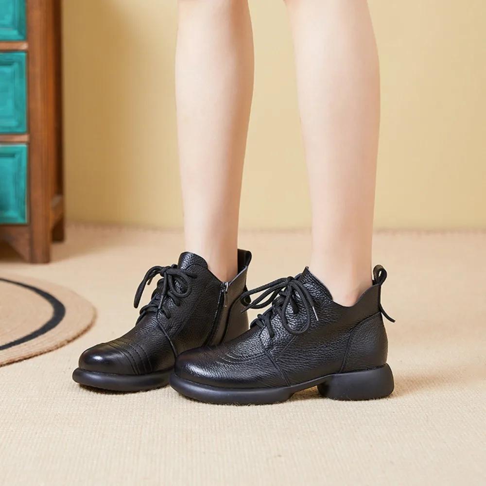 Женские осенне-зимние винтажные хлопковые ботинки из натуральной кожи с мягкой подошвой, нескользящие короткие ботинки, теплые и удобные хлопковые туфли для женщин