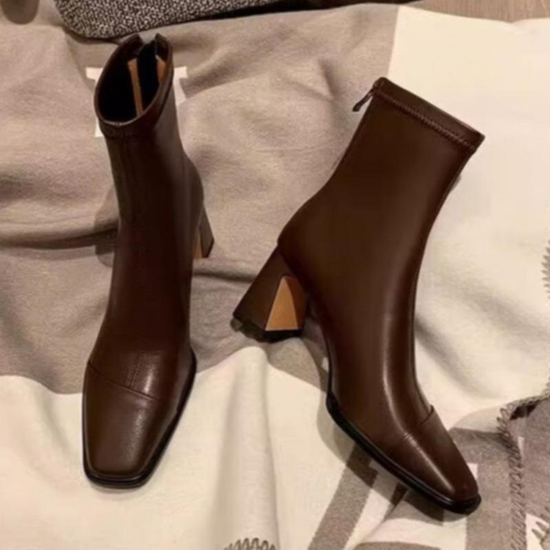Square Toe Women Ankle Boots Elegant High Heels Leather Shoes Woman Winter 2025 Trend Party Office Shoes Fad Chunky Botas Mujer