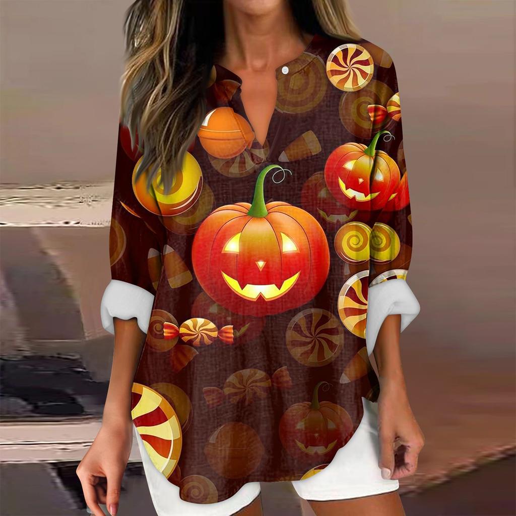 Женские модные повседневные женские топы с v-образным вырезом и длинным рукавом с принтом на Хэллоуин