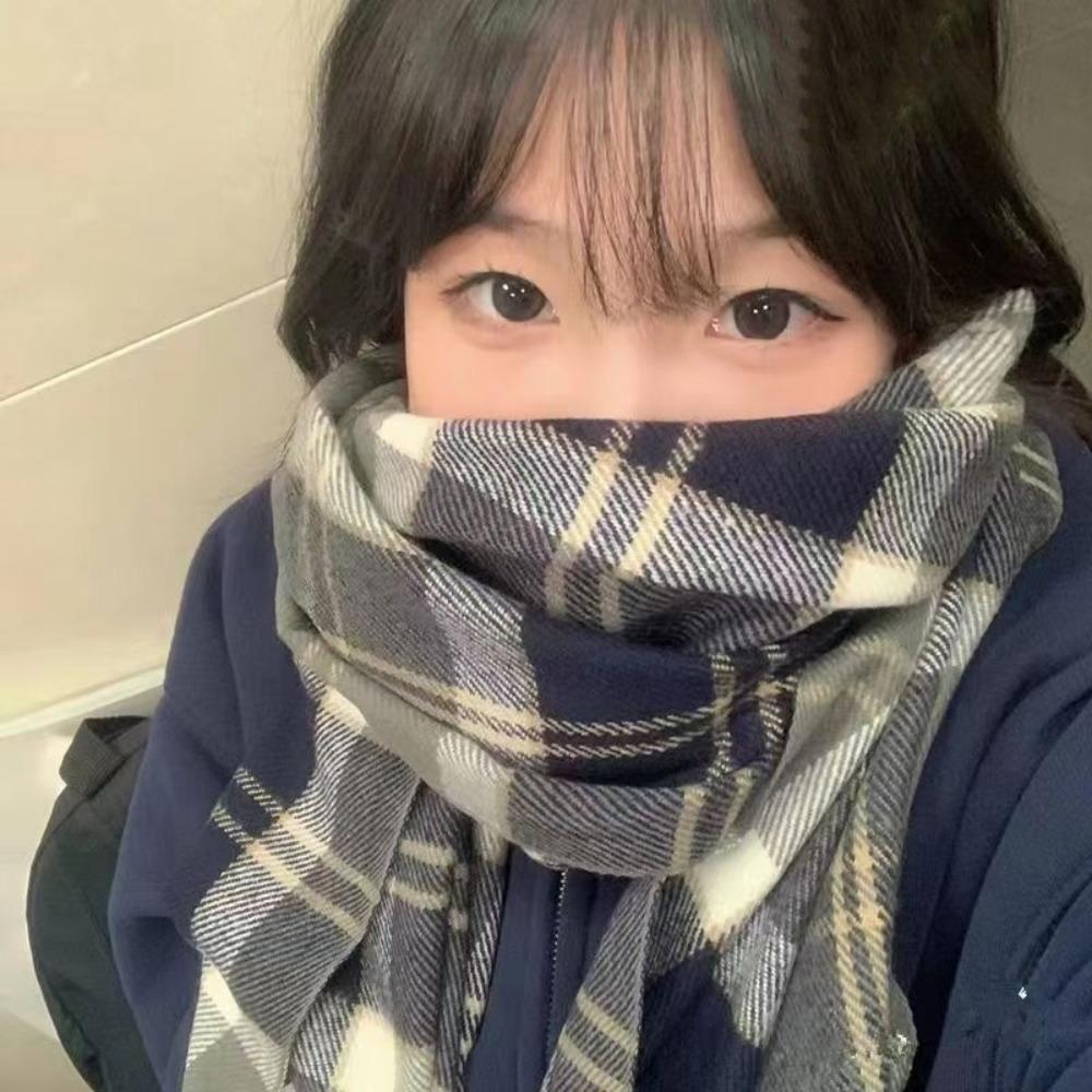 Thickened Knitted Plaid Scarf Korean Style Winter Cashmere Shawl Y2K Checkered Scarf  Unisex