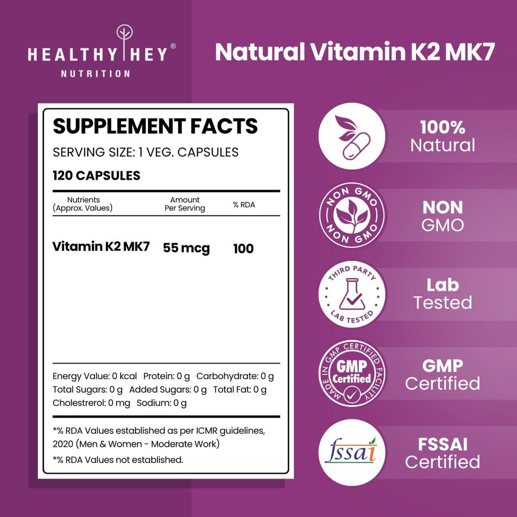 HealthyHey Nutrition Витамин K2 | 100% Вегетарианский Витамин K2 Польза для Здоровья Костей - 55 мкг - 120 Капсул Витамина K27