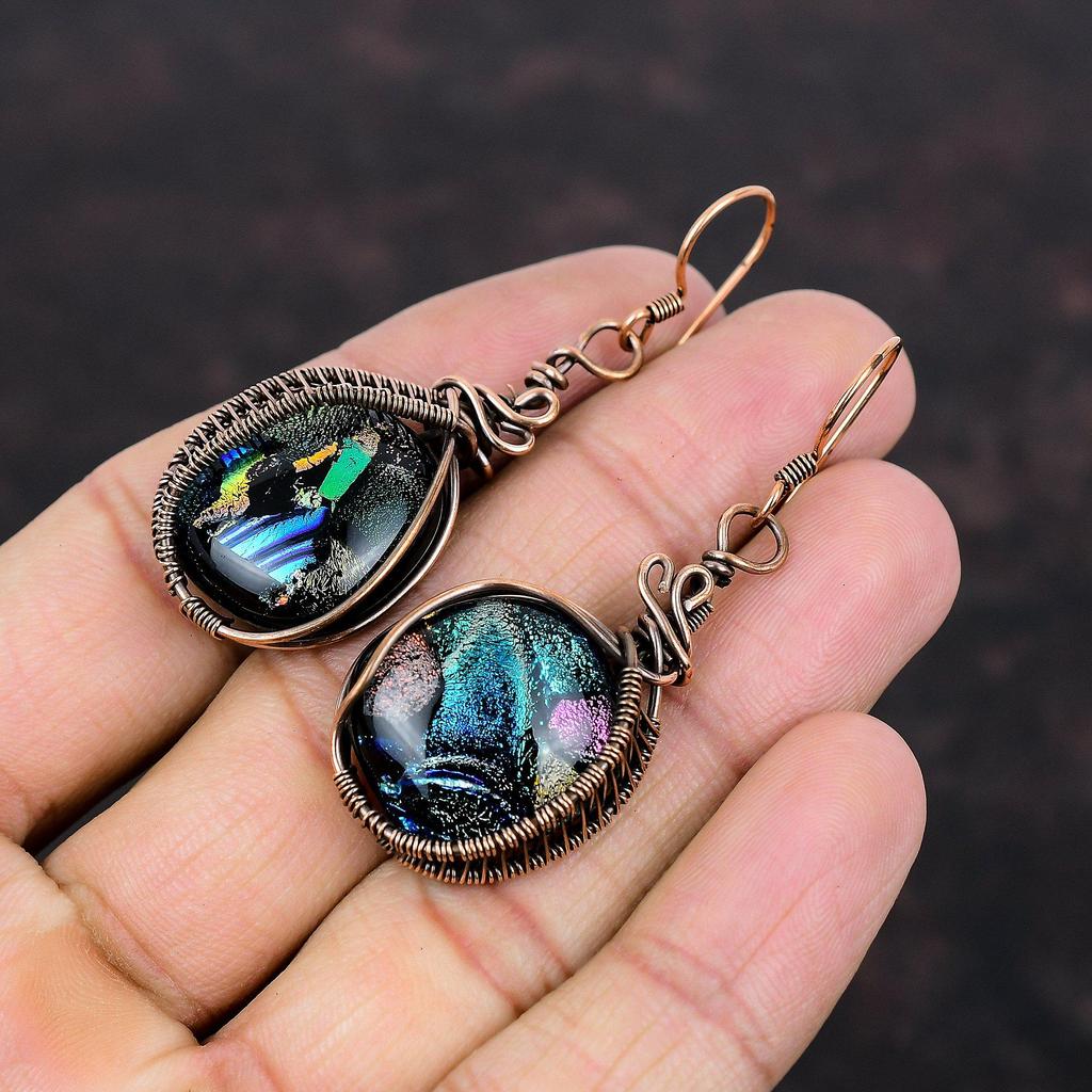 Серьги из американского дихроичного стекла, серьги из медной проволоки, серьги ручной работы, серьги из натурального драгоценного камня, медная проволока, ювелирные изделия, женский специальный подарок