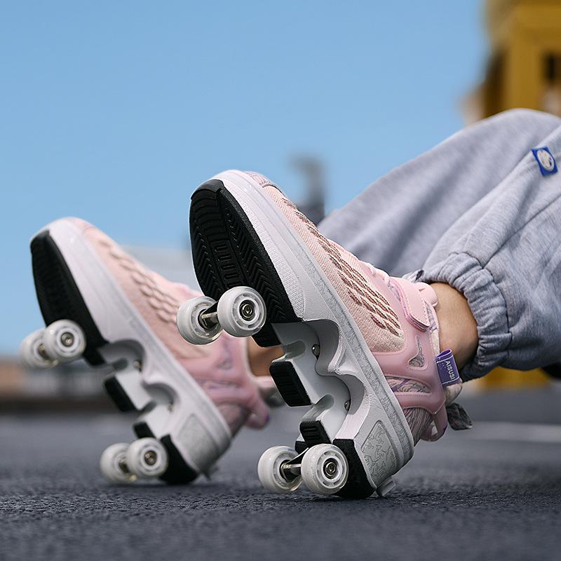 Retractable Four-Wheeled Running Shoes: High-Elastic, Breathable Mesh Roller Skates for Men and Women.