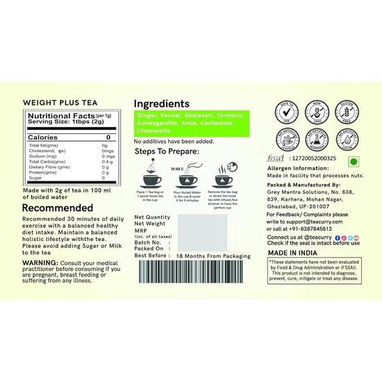 Чай TEACURRY Weight Plus (30 пакетиков чая) - Помогает набрать массу - мужчинам и женщинам | Зеленый чай Weight plus и аюрведический чай для управления весом