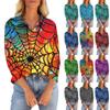 Women's Seven Quarter Sleeved T-shirt V-neck Button Up Shirt With Printed Loose Top For Halloween