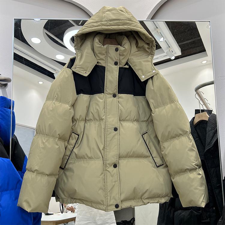 New down jacket women's short hooded color matching loose and thickened couple's men's and women's white duck down jacket