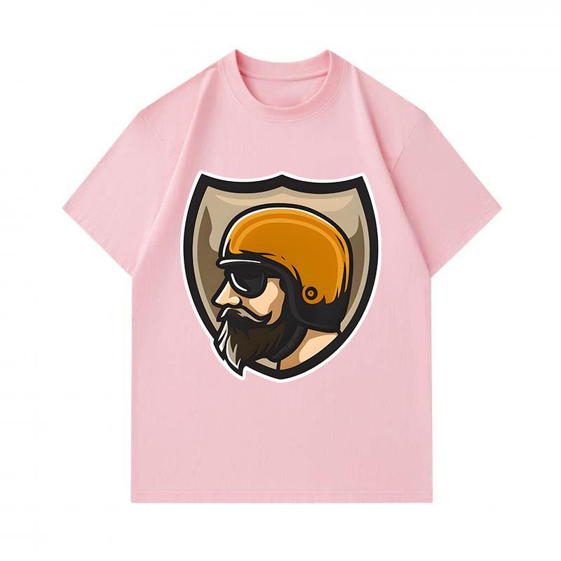 Men's 100% Cotton Crew Neck Short Sleeve T-Shirt, Vintage Biker Bearded Rider Helmet Shield Graphic Casual Comfy Breathable Tee for Daily Outdoor Wear