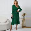 Spring and Autumn Women's Dress Solid Color Long Sleeve Slim Temperament Elegant Pleated Belt V-Neck Dresses
