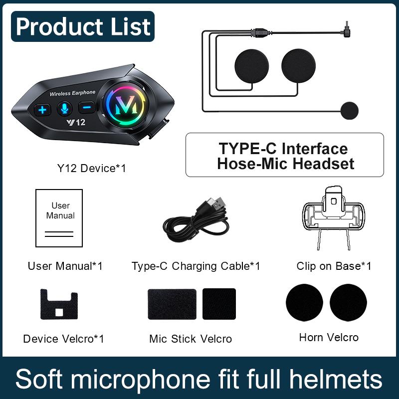 Y12 500M Two Rider Wireless Bluetooth 5.4 Motorcycle Helmet Headphone IPX6 Waterproof 800mAh Noise Canceling RGB Color FM Radio Headset