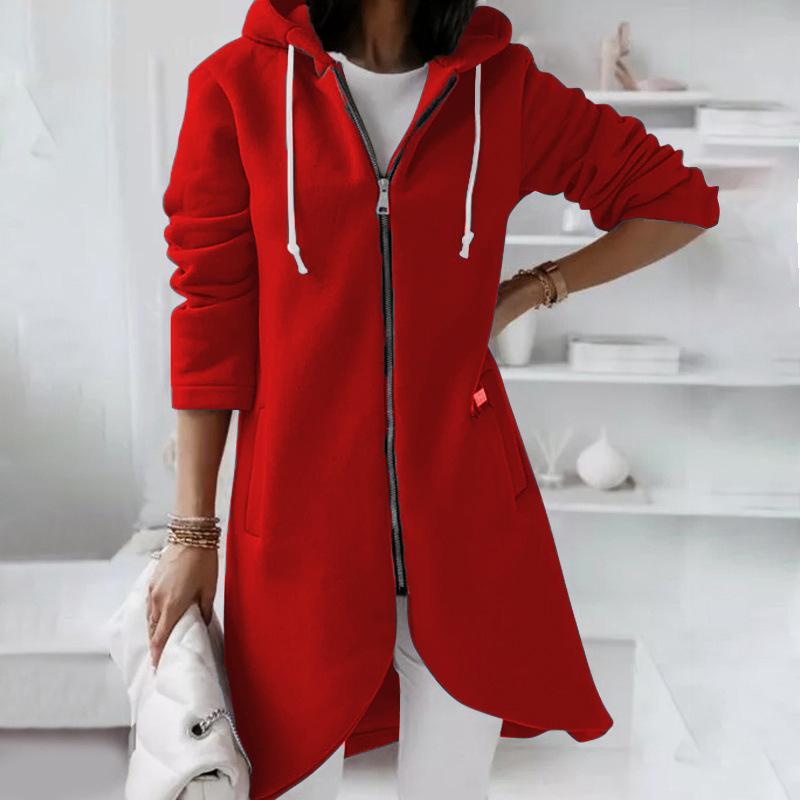 Autumn Winter Women's Solid Hooded Coat Mid Length Loose Zipper Female Windbreaker Jacket New Outdoor Cardigan Outwear