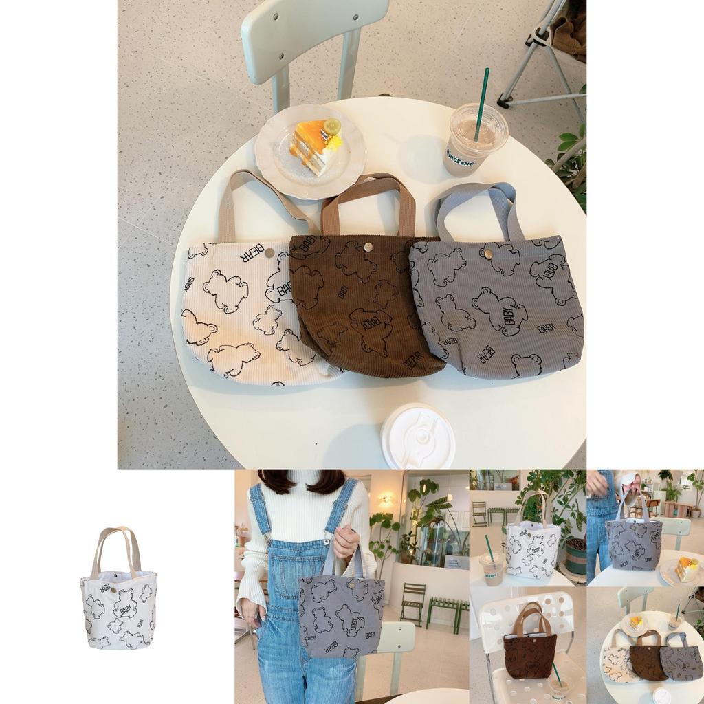Винтажная вельветовая сумка-тоут для ланча с изображением медвежонка, портативная, большой вместимости, сумка для хранения