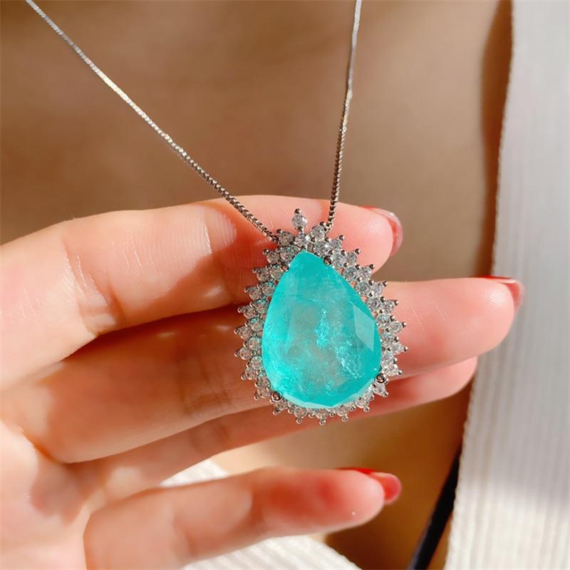 Ladies 925 Sterling Silver Chain Necklace Paraiba Emerald Tourmaline Gemstone Pendant Necklace Water Drop Fine Jewelry