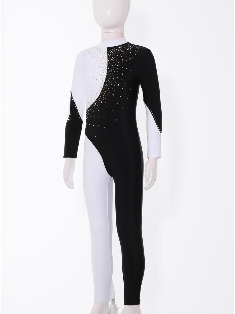 Стильная цельная одежда для катания на коньках для девочек, танцевальные трико с длинными рукавами и круглым воротником, блестящие стразы