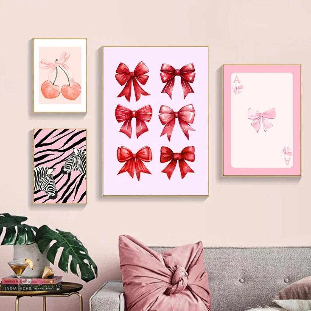 Pink Bows Canvas Painting Wall Art Cherry Disco Ball Zebra Poster Print Picture Preppy Girl Room Home Decor