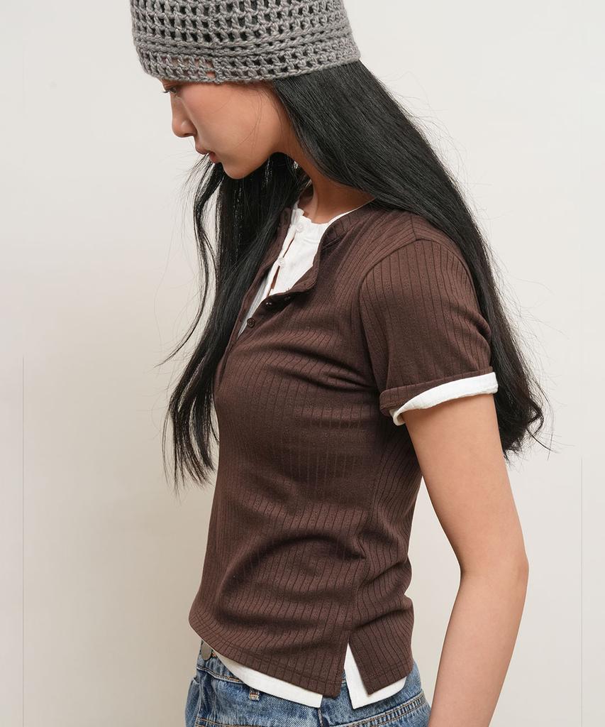 GENERALIDEA Punched Ribbed Henley Neck T-Shirt [Brown] / Gf2Lts525