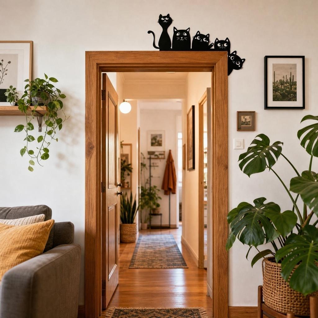 Metal Cat Door Frame Decoration Five Cats Cartoon Style Iron Art Indoor Door Top Ornament Festive Door Corner Accent 20x13 Small Size