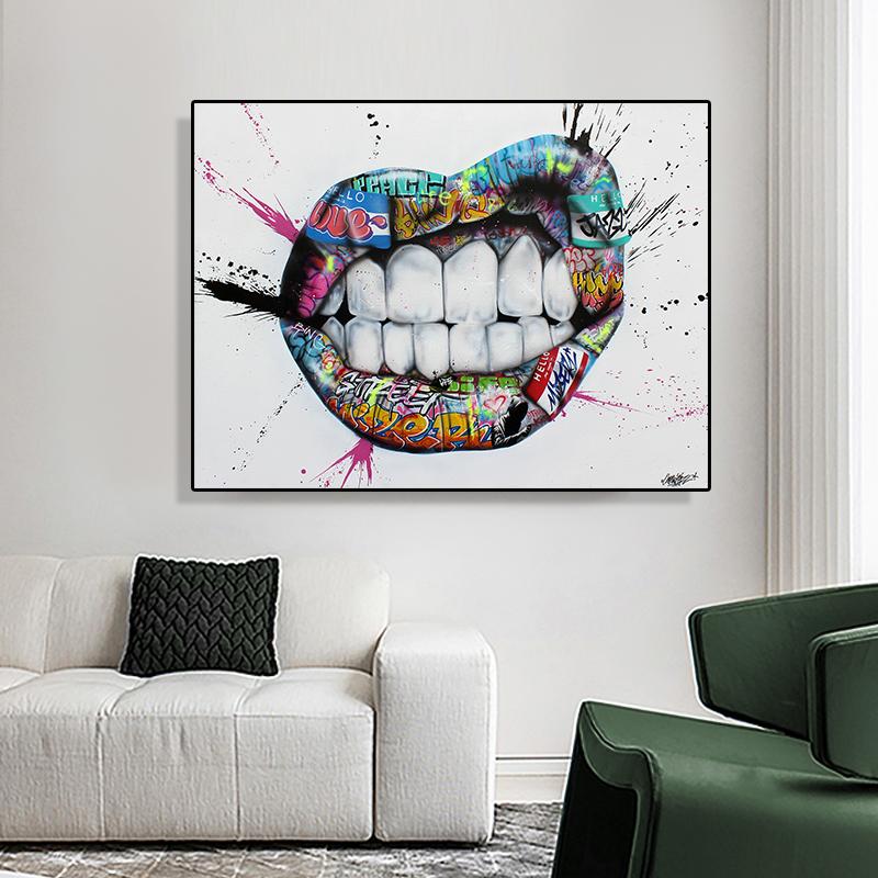 Рот, зубы, губы, искусство граффити, живопись маслом, гравюра, уличные настенные плакаты и гравюра, настенные рисунки в гостиной