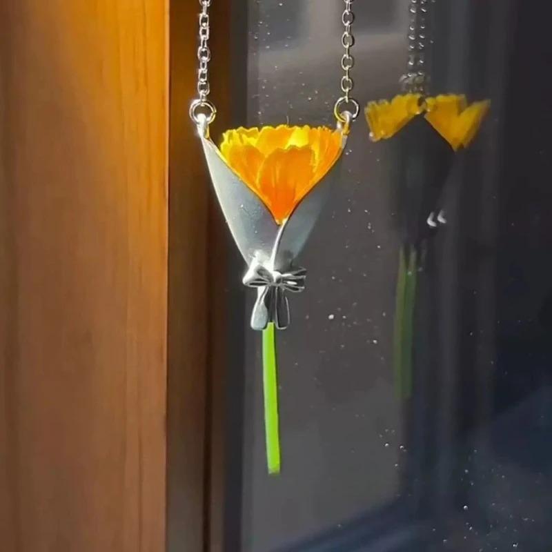 Fashion Flower Arrangement Packaged Pendant Necklace for Women Exquisite Sweet Bouquet Packaging Collarbone Chain Jewelry Gift
