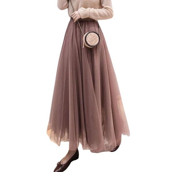 Women Midi Skirt Elastic High Waist Long Skirt with Solid Mesh Hem Solid Color A-Line Skirt Daily Wear