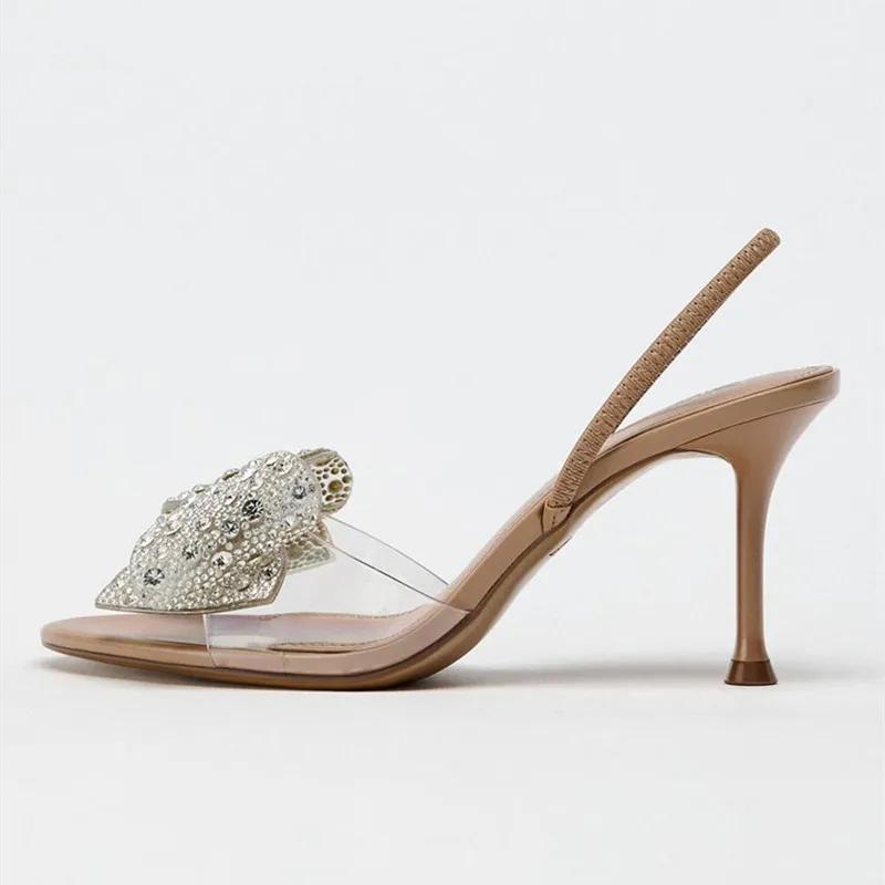 Fashion Luxury Glitter Rhinestone Bow Designer Heeled Sandals Women Summer Peep Toe Back Strap High Heels Elegant Party Wedding Shoes