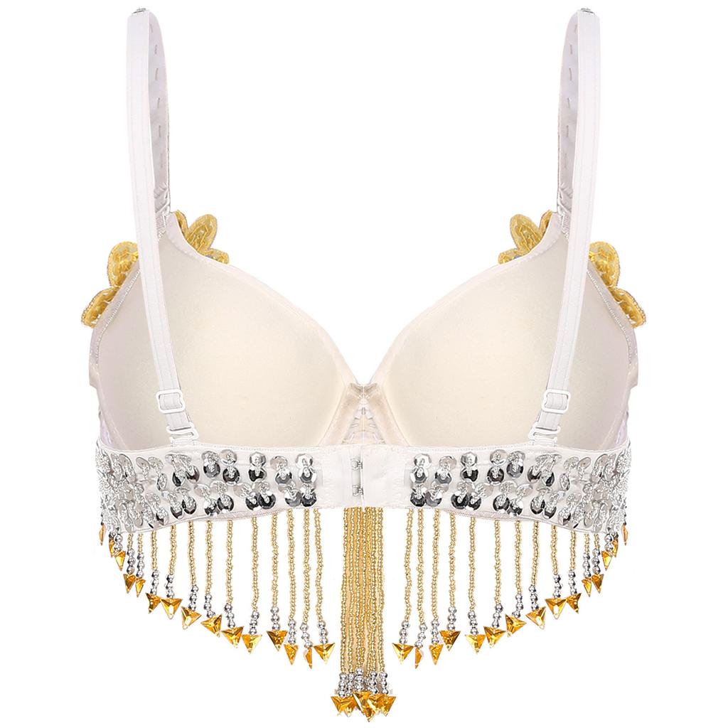 Womens Sparkly Sequins Belly Dance Top Adjustable Straps Plastic Beaded Tassels Underwired Bra