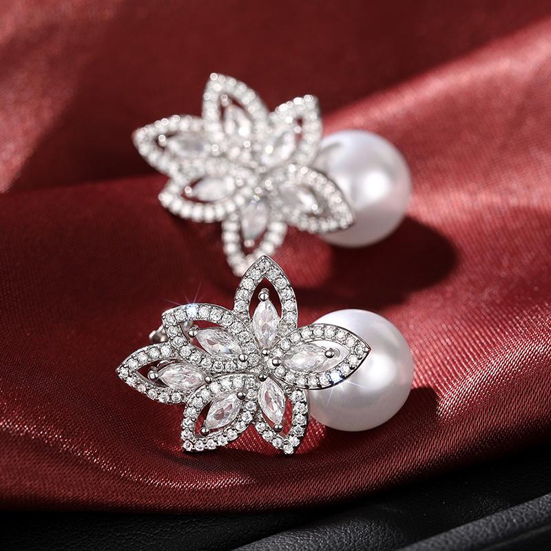 Huitan Gorgeous Drop Earrings with Imitation Pearl Noble Flower Cubic Zirconia Shiny Accessories Charms Elegant Wedding Jewelry