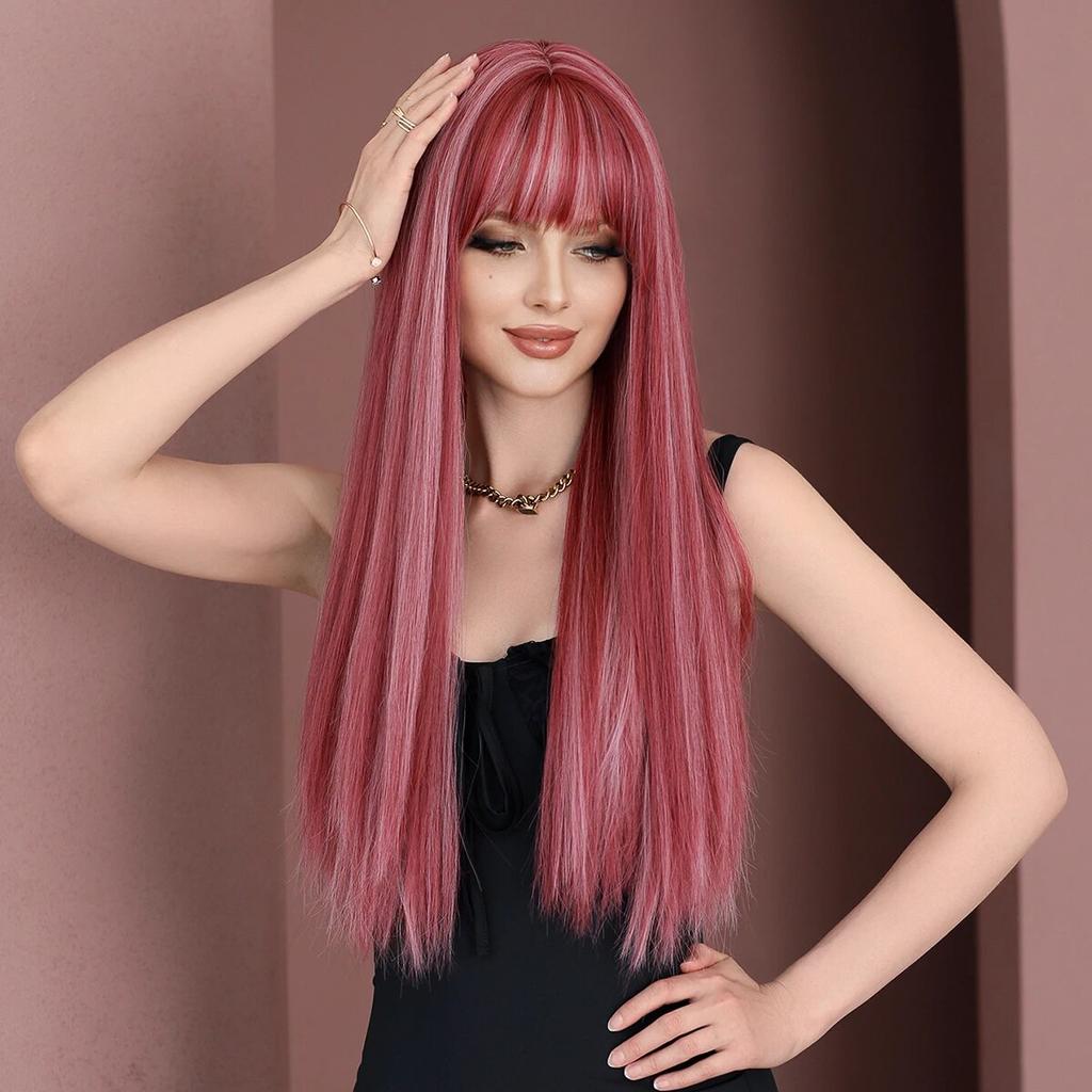 Длинные прямые розовые парики с челкой для женщин, подчеркивает белый популярный сладкий синтетический парик для повседневного косплея