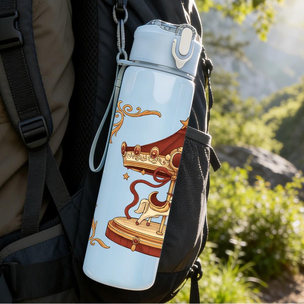 1PC Vintage Carousel Pattern 750ml Color Plastic Sports Water Bottle Leakproof Flip Straw Lid Suitable for Sports Office Home Use