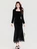 Autumn Elegant Velvet Dress with Square Neck and Lace Trim