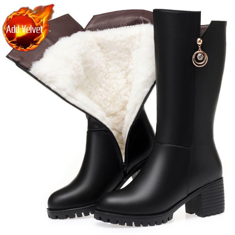 Autumn Winter Black Leather Fleece-Lined Half High Boots for Women Elegant Heeled Mid Calf Shoes Woman Goth Chic Footwear Sale