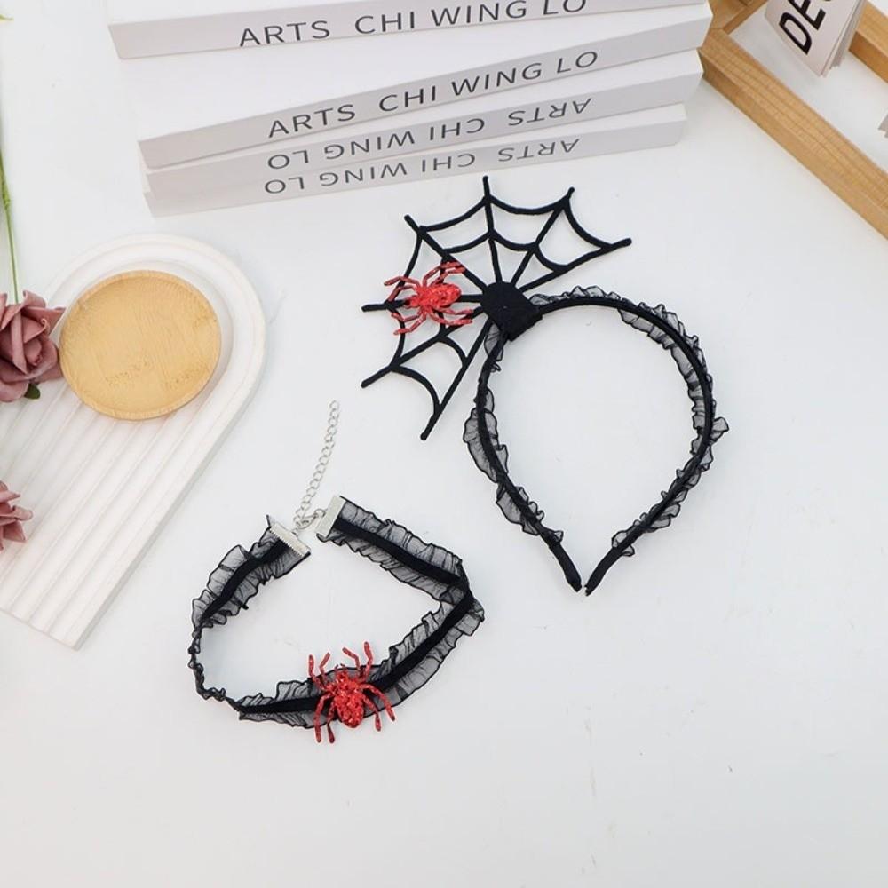 Ruffles Hairband Necklace Set Black Spider Web Hairband Funny Halloween Headband Party