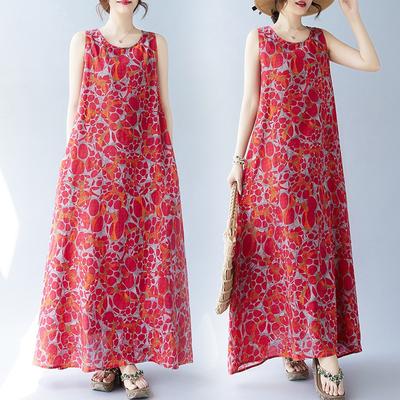 Летнее свободное платье без рукавов с круглым вырезом и принтом средней длины для женщин, повседневные платья