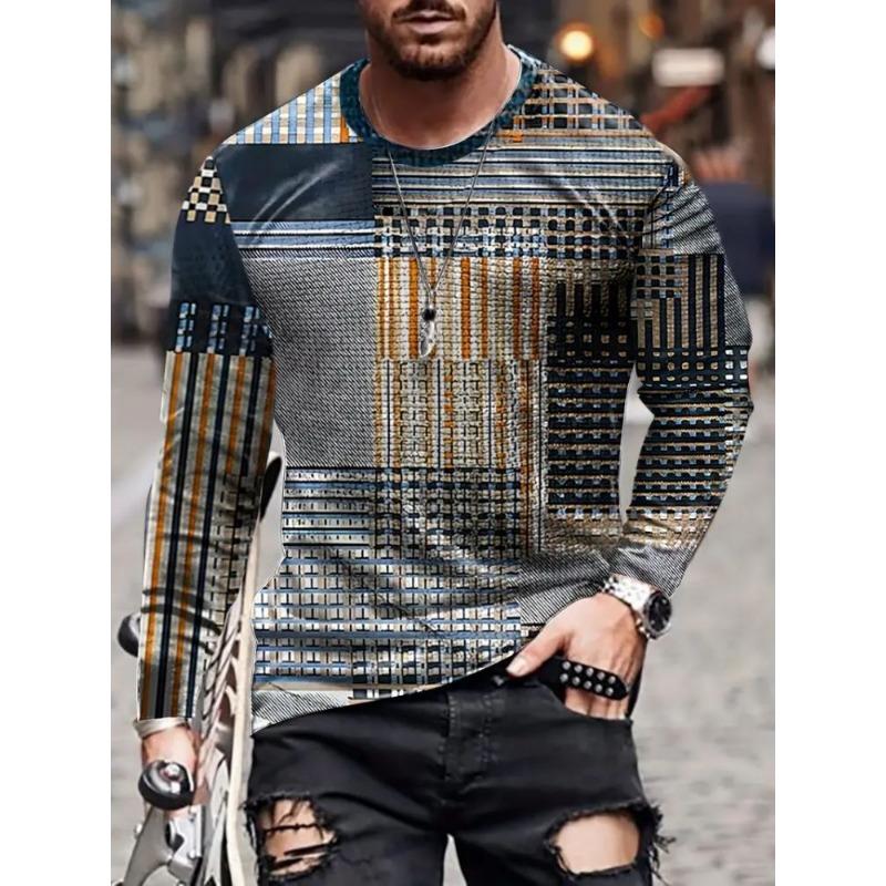 Trendy Retro Contrast Color Fabric Series 3D Printing Summer Round Neck Casual Long-sleeved T-shirt Fashionable Men's Clothing