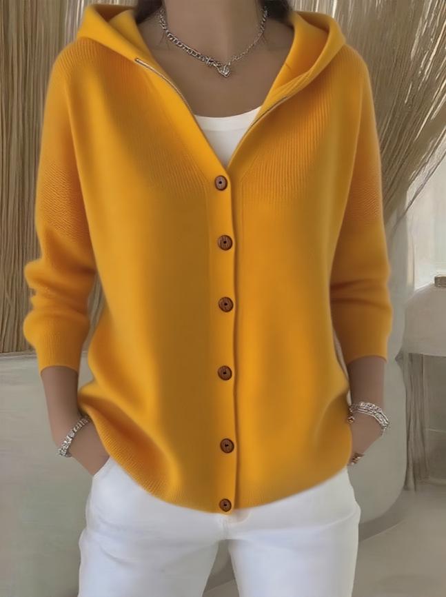 Women's Solid Color Hooded Knit Cardigan - Single-breasted, Long Sleeve, Elegant Commuter Style (2026 Edition)