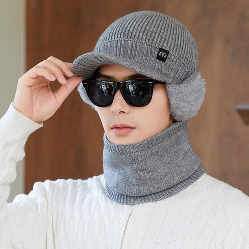 Мужская зимняя вязаная шапка и толстые наушники с теплым ветрозащитным шарфом для езды на велосипеде на открытом воздухе
