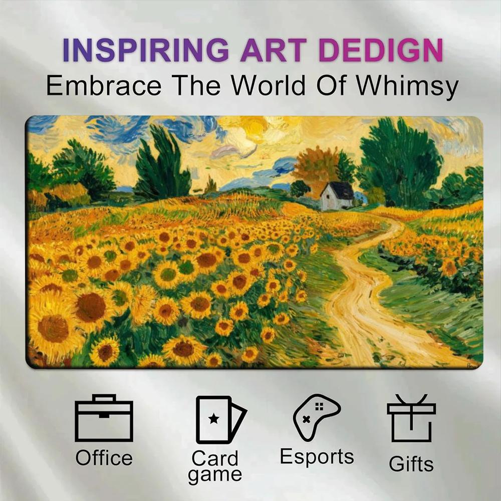 Rubber Mousepad Van Gogh Style Golden Sunflowers Cypress Country Lane Cottage Oil Painting Art Large Desk Mat For Gaming Office