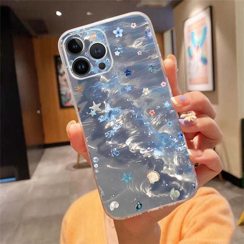 Чехол для телефона Для iphone 17ProMax 17 Pro Air 16 15 14 13 Pro Max 16 15 14 13 Pro 15Plus Синий Морской Цветок Вода