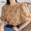 Korean Style Summer Women Stylish Top Brief O Neck Black Beige Brown Streetwear Blouse Puff Sleeve Elegant Feminine Ladies' Shirt