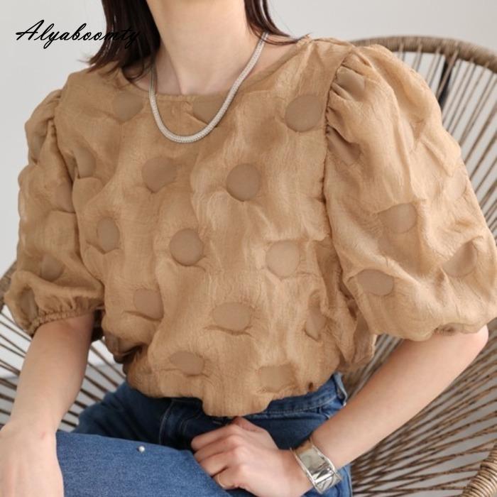 Korean Style Summer Women Stylish Top Brief O Neck Black Beige Brown Streetwear Blouse Puff Sleeve Elegant Feminine Ladies' Shirt