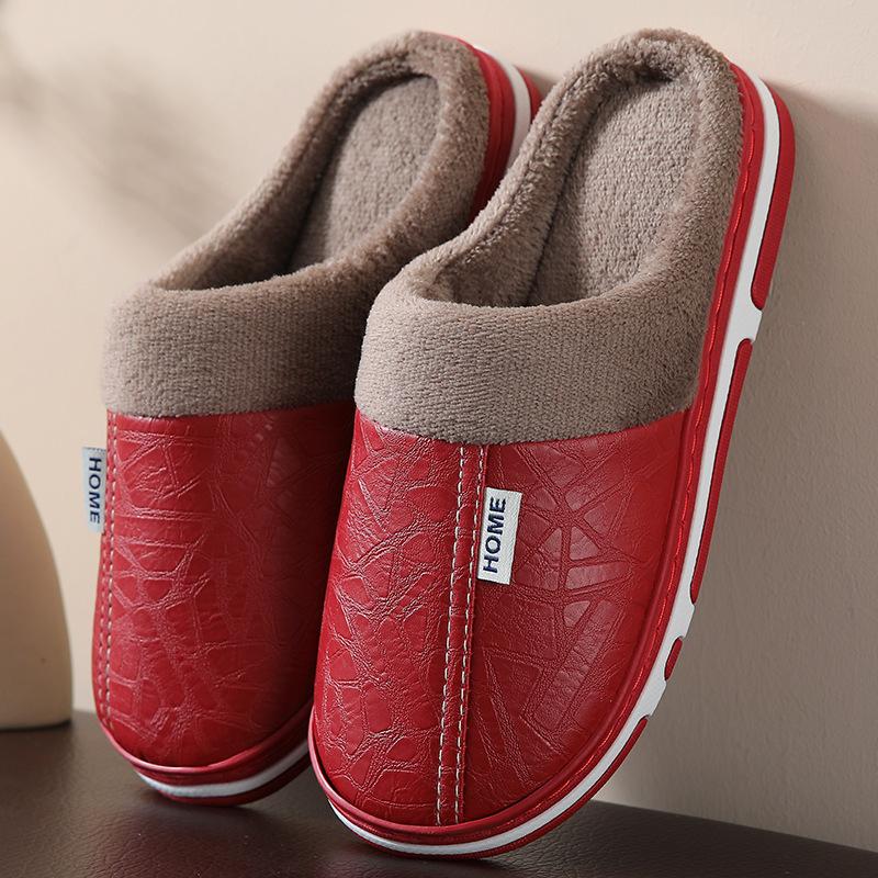 Men Women Waterproof PU Leather Winter Warm Plush Home Shoes House Slippers Indoor Anti-Skid