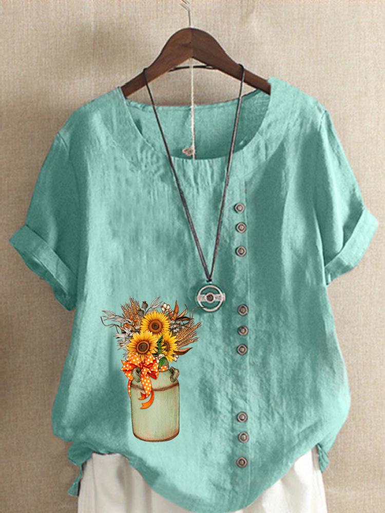 Women's Fashion Flower Vase Printing Casual Cotton Linen Short Sleeve Round Neck T-shirt Shirt Leisure Loose Summer Blouse Tops