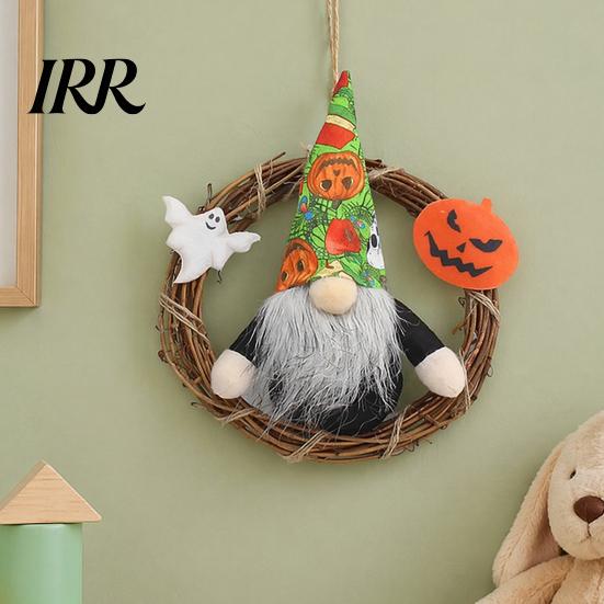 Faceless Gnome Wreath Halloween Wreath, Rattan Rustic Hanging Decoration Pumpkin Wall Ornament with Ghost for Front Door Holiday Party Decor Festive