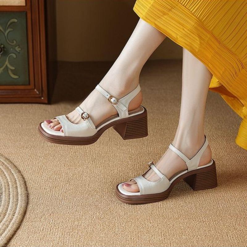 Fashion Woman Shoes Roman Style Beige Buckles Sandals for Women Dress Round Toe Tip Sabot Sandal 2024 Luxury Casual Original Trend Korea
